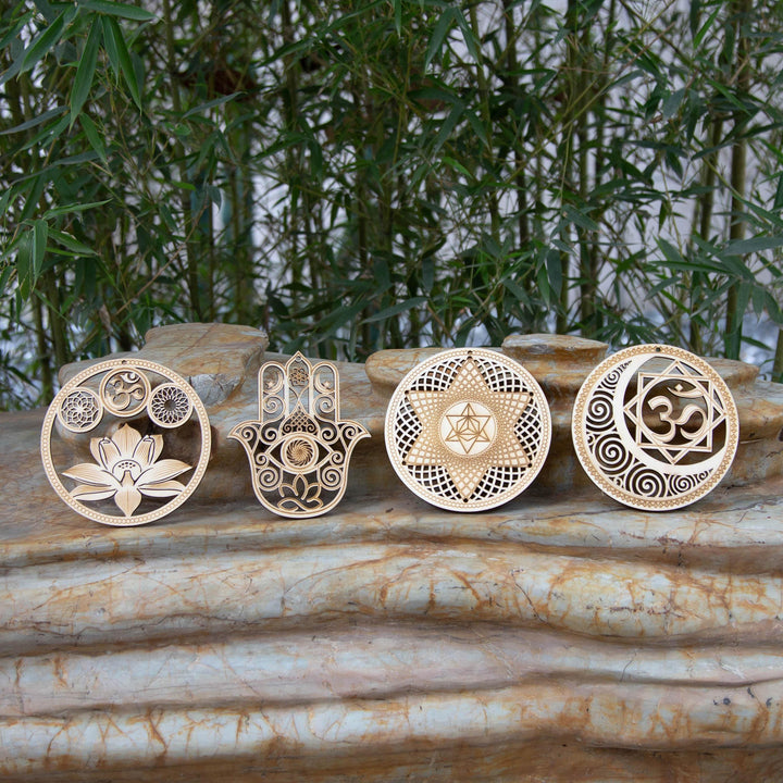 5.31 Sacred Geometry Wall Art Decor 4 PCS Set (Sacred Lotus, Hamsa Hand, Soul Star, Union Sun Moon)