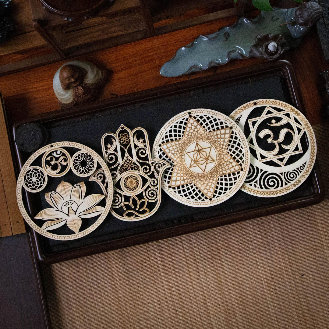5.31 Sacred Geometry Wall Art Decor 4 PCS Set (Sacred Lotus, Hamsa Hand, Soul Star, Union Sun Moon)