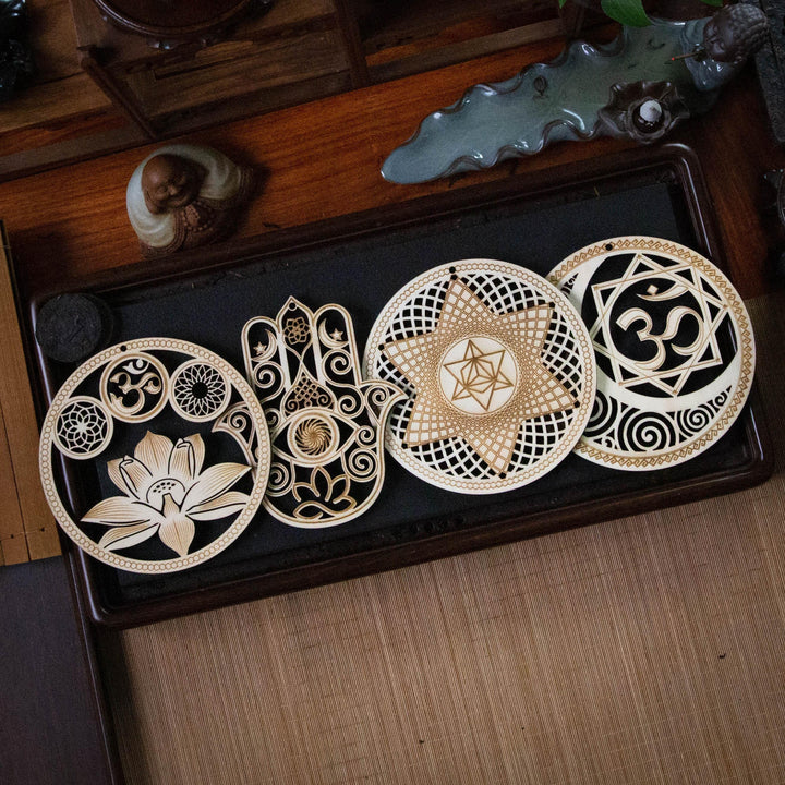 5.31 Sacred Geometry Wall Art Decor 4 PCS Set (Sacred Lotus, Hamsa Hand, Soul Star, Union Sun Moon)