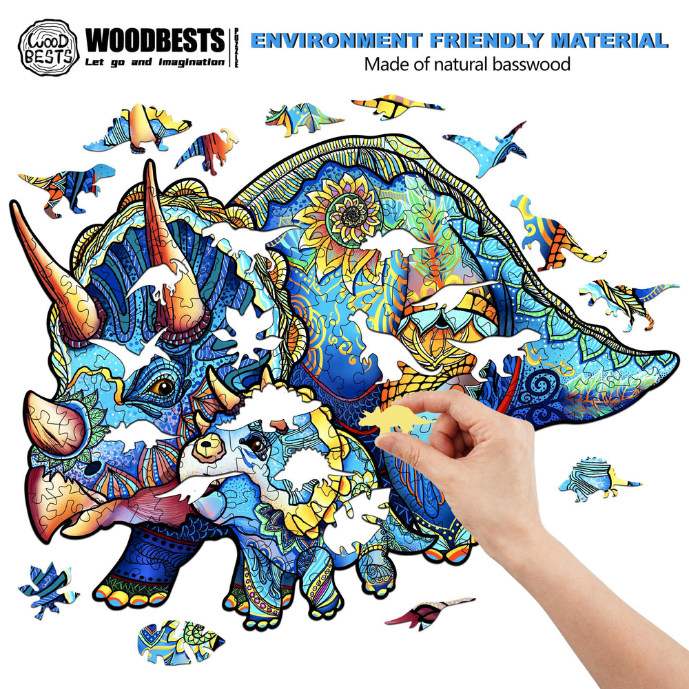 Person assembling a colorful Triceratops wooden jigsaw puzzle made from natural basswood.