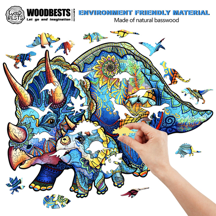 Person assembling a colorful Triceratops wooden jigsaw puzzle made from natural basswood.