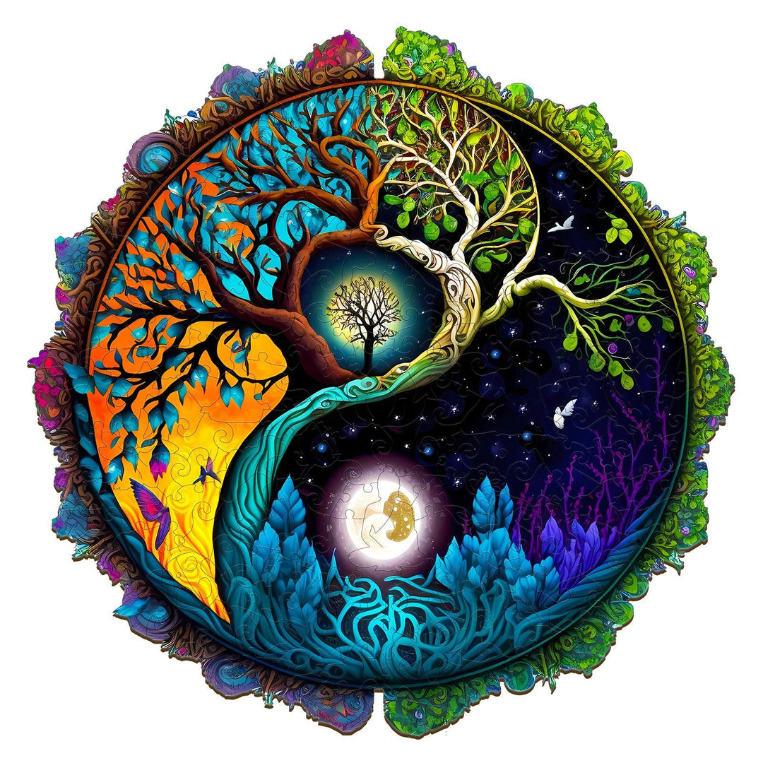 Yin Yang and Tree of Life wooden jigsaw puzzle with vibrant colors and intricate designs, depicting nature's balance.