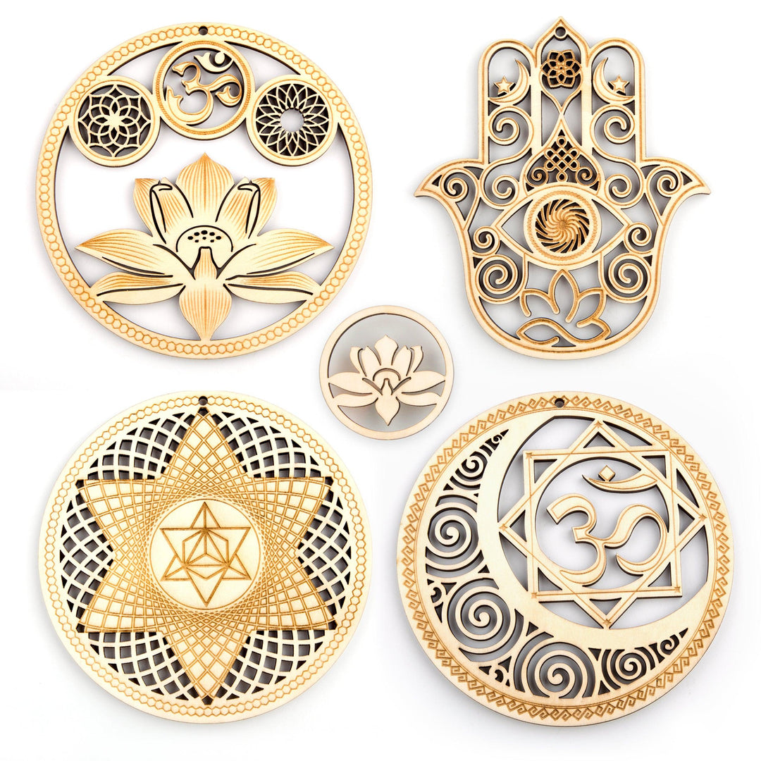 5.31 Sacred Geometry Wall Art Decor 4 PCS Set (Sacred Lotus, Hamsa Hand, Soul Star, Union Sun Moon)