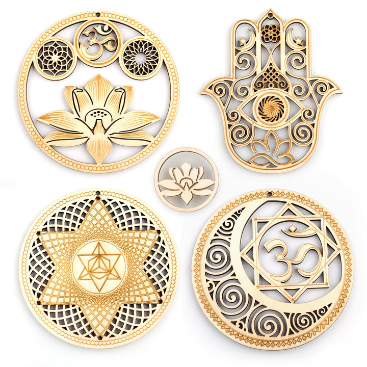 5.31 Sacred Geometry Wall Art Decor 4 PCS Set (Sacred Lotus, Hamsa Hand, Soul Star, Union Sun Moon)