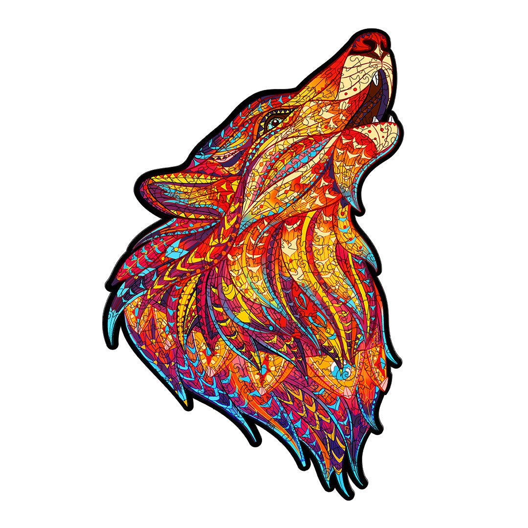 Red Howling Wolf Wooden Jigsaw Puzzle