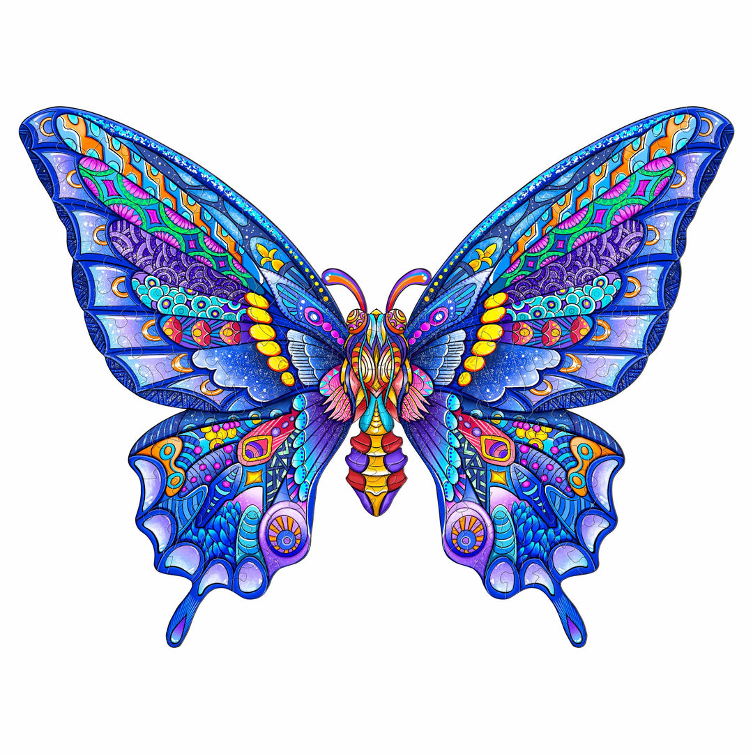 Vibrantly colored butterfly illustration, showcasing intricate patterns and designs, perfect for puzzle enthusiasts.
