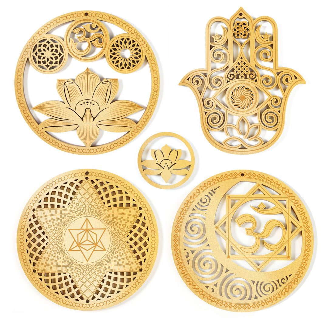 5.31 Sacred Geometry Wall Art Decor 4 PCS Set (Sacred Lotus, Hamsa Hand, Soul Star, Union Sun Moon)
