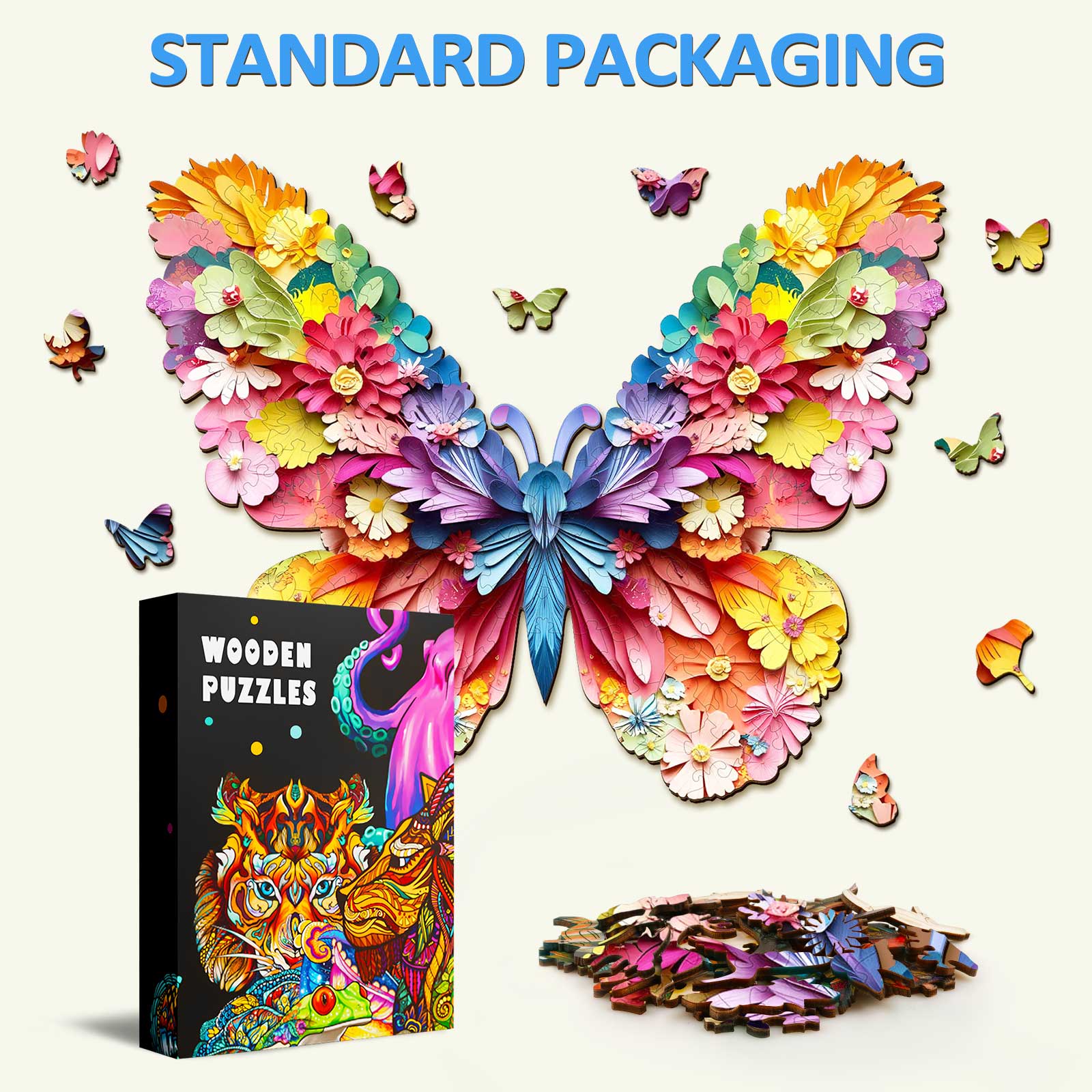Puzzle en bois en forme de papillon coloré en 3D