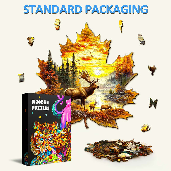 Elk and maple leaves Wooden Jigsaw Puzzle