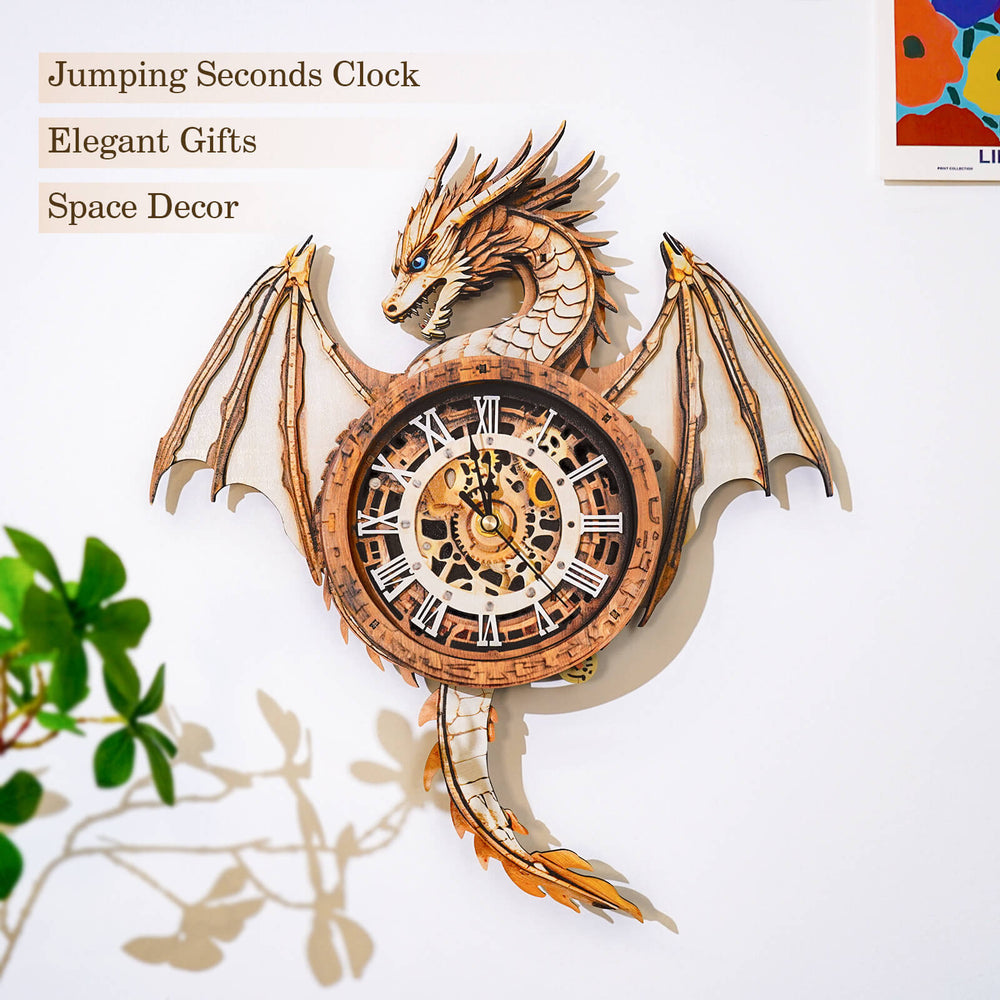 Ancient Dragon DIY Wooden Clock on the wall, showcasing elegant design and intricate details of the 3D puzzle craft kit.