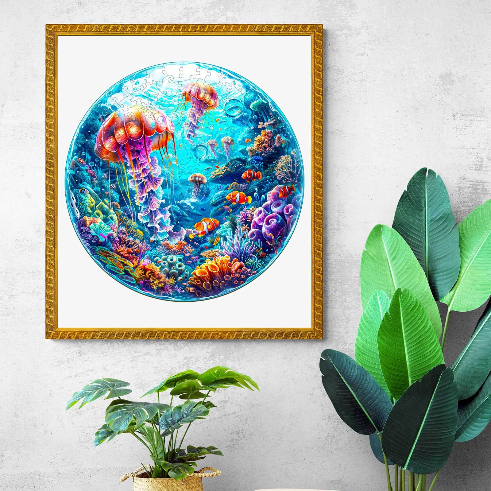 Colorful Spherical Ocean Wooden Jigsaw Puzzle featuring jellyfish and marine life, perfect for puzzle enthusiasts and mind games.