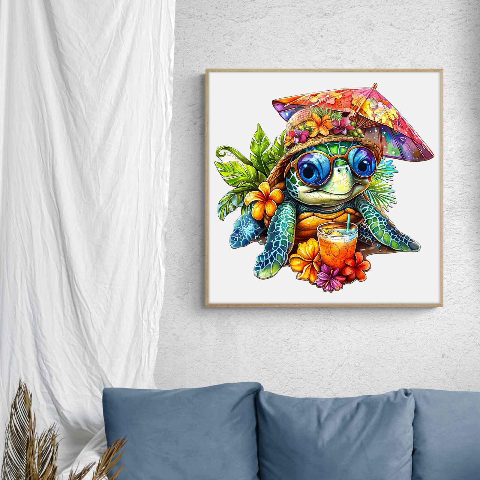 Colorful beach turtle wearing glasses and a hat, surrounded by flowers, perfect for jigsaw puzzle lovers.