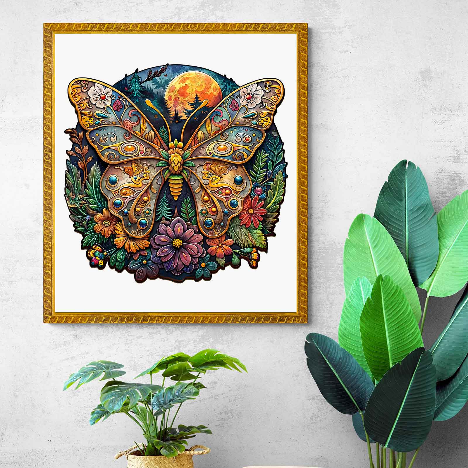 Colorful Ancient Butterfly-1 artwork displayed in a frame, surrounded by indoor plants.