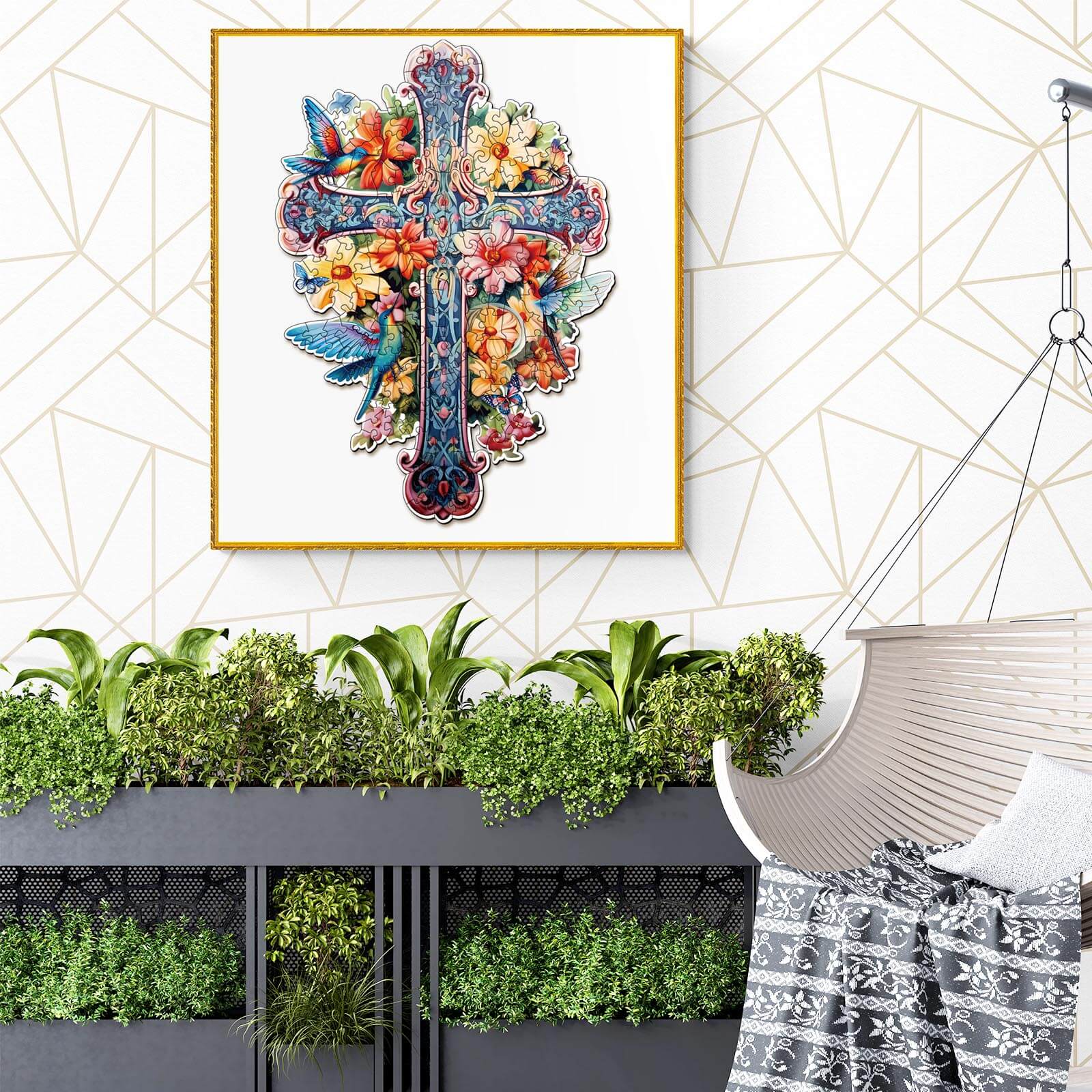 Colorful Blessing Cross-1 wooden jigsaw puzzle artwork displayed in a modern interior setting with plants.