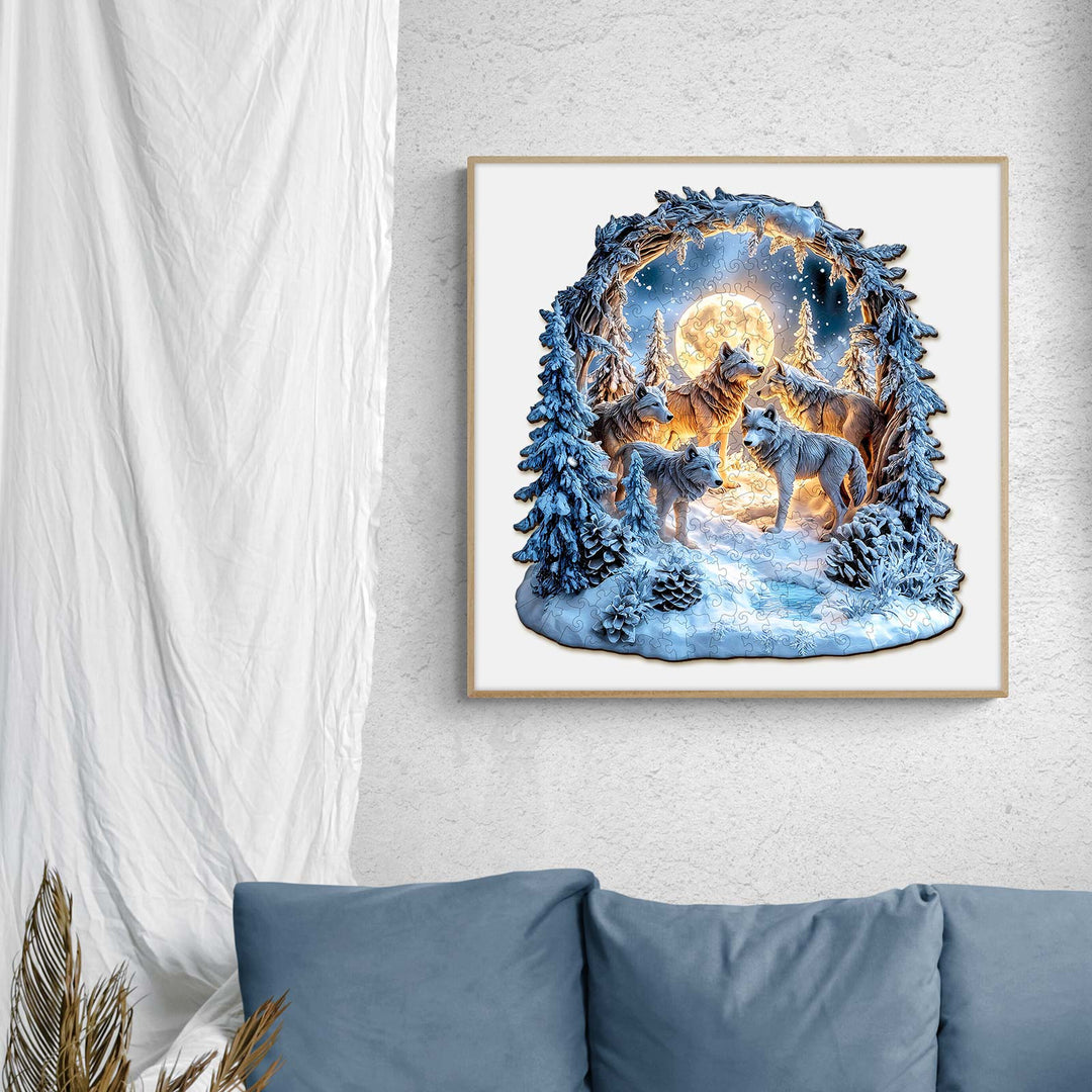 Snowy Night Wolf Pack Wooden Jigsaw Puzzle