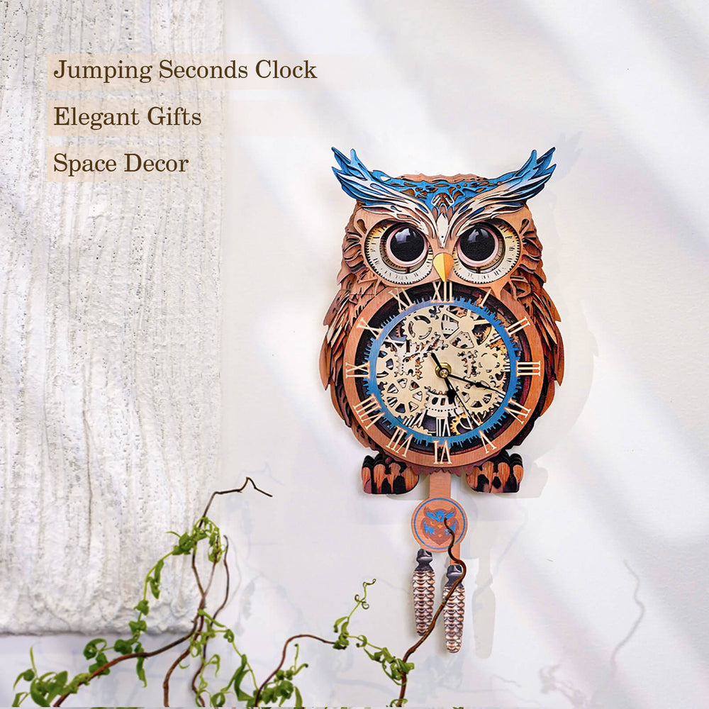Owl DIY wooden clock 3D puzzle kit, elegant gift for home decor, featuring jumping seconds and precision craftsmanship.