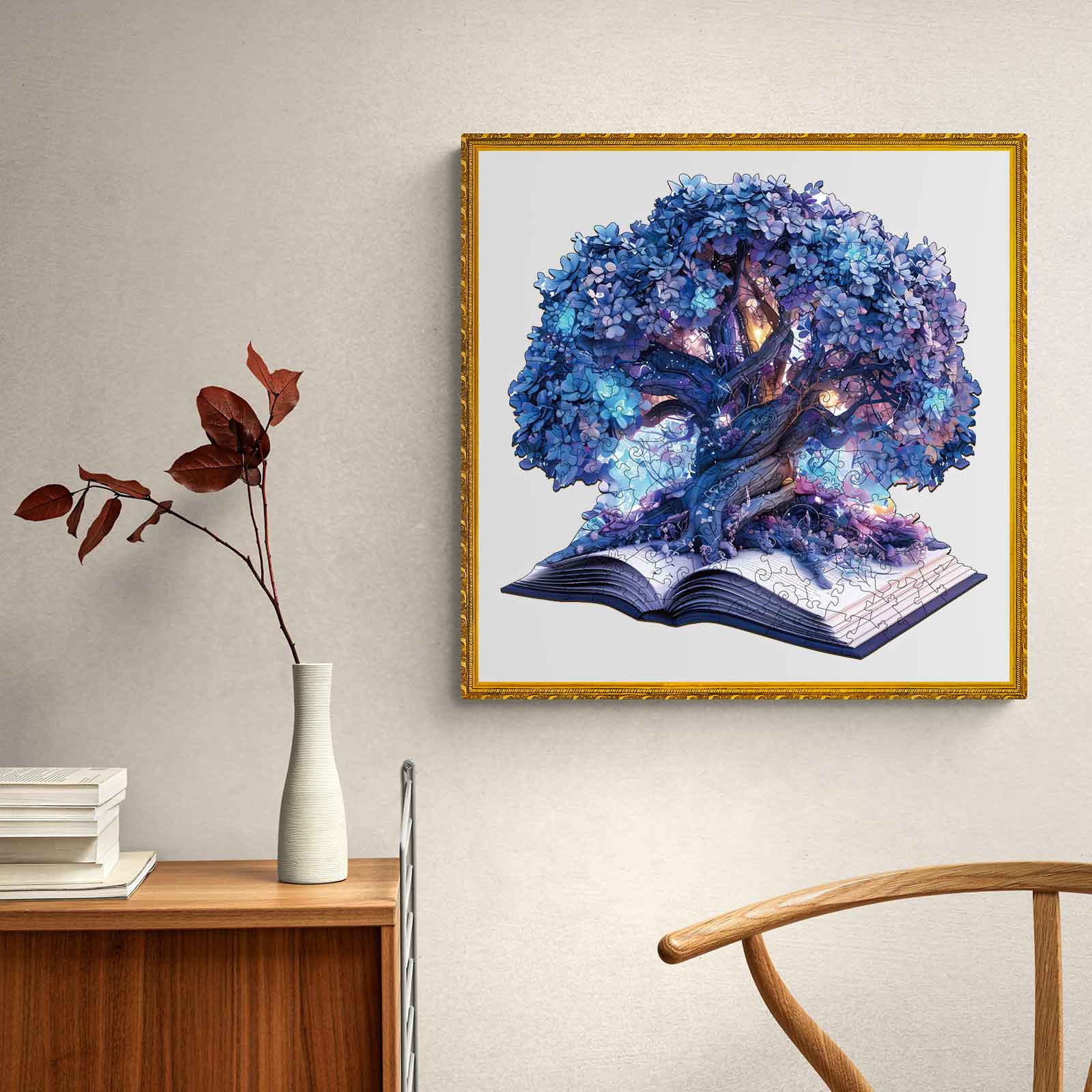 Colorful wooden jigsaw puzzle featuring a magical tree emerging from an open book, perfect for mind games and focus.
