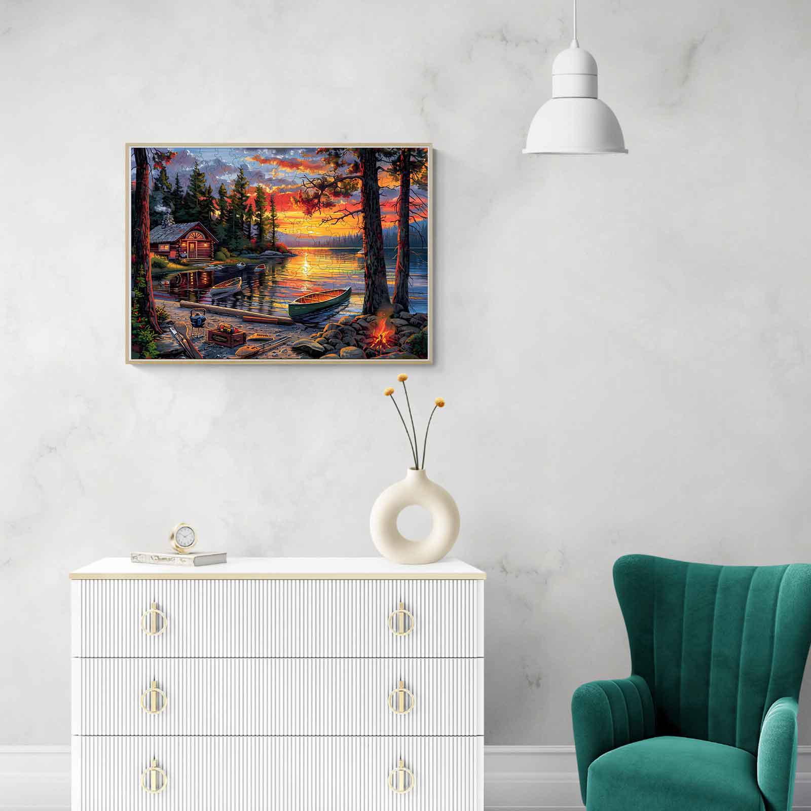 Serene Canoe Lake scene print in modern living room with cozy decor and green chair.