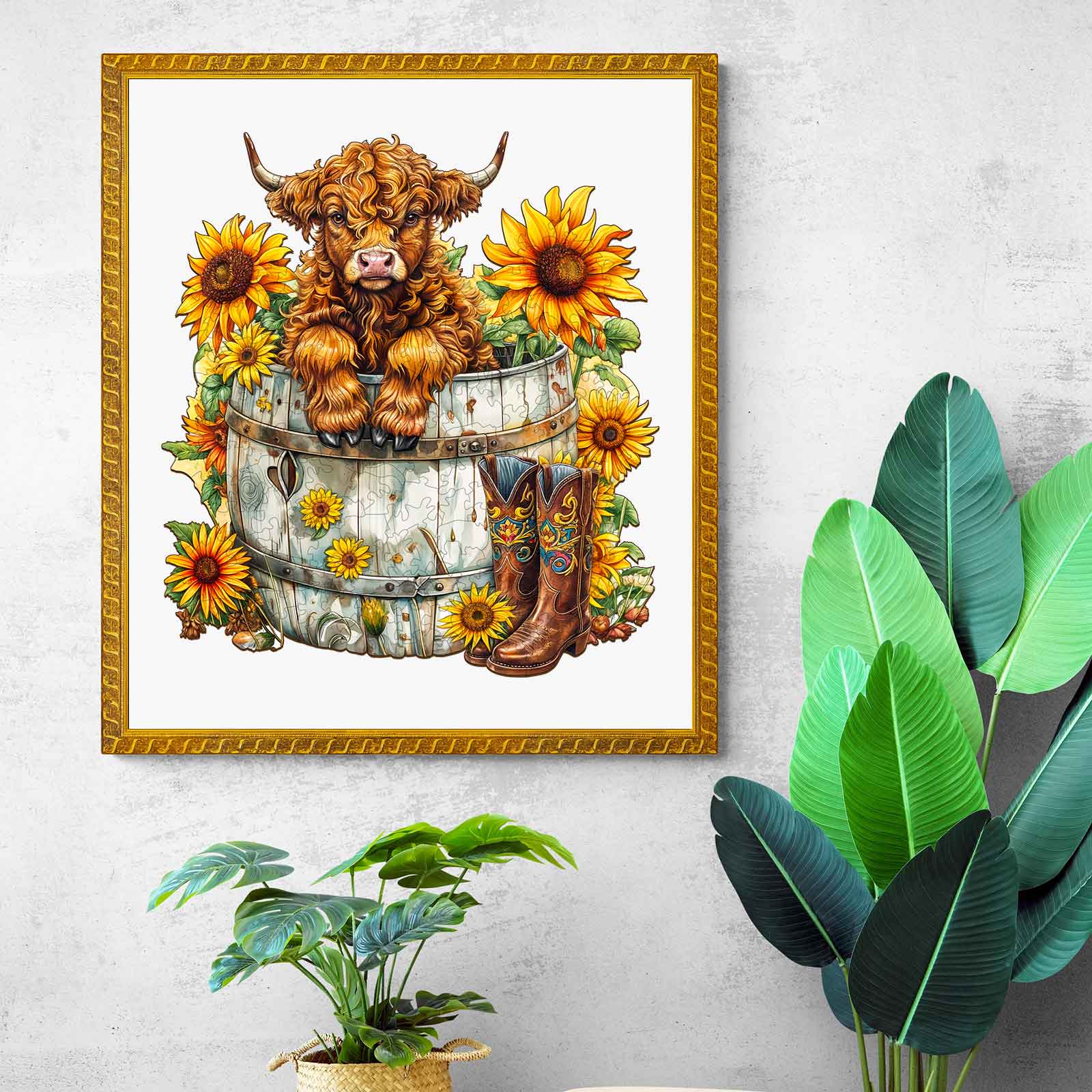 Cute highland cow peeking from a wooden barrel surrounded by sunflowers and boots, perfect for farmhouse decor.
