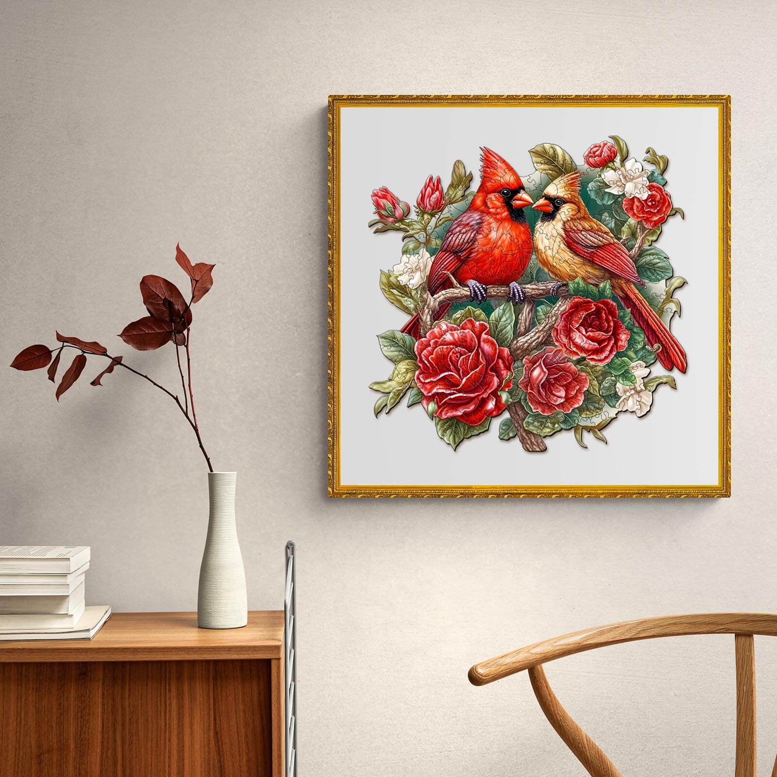 Colorful cardinal birds surrounded by roses in a beautifully framed artwork, enhancing home decor.