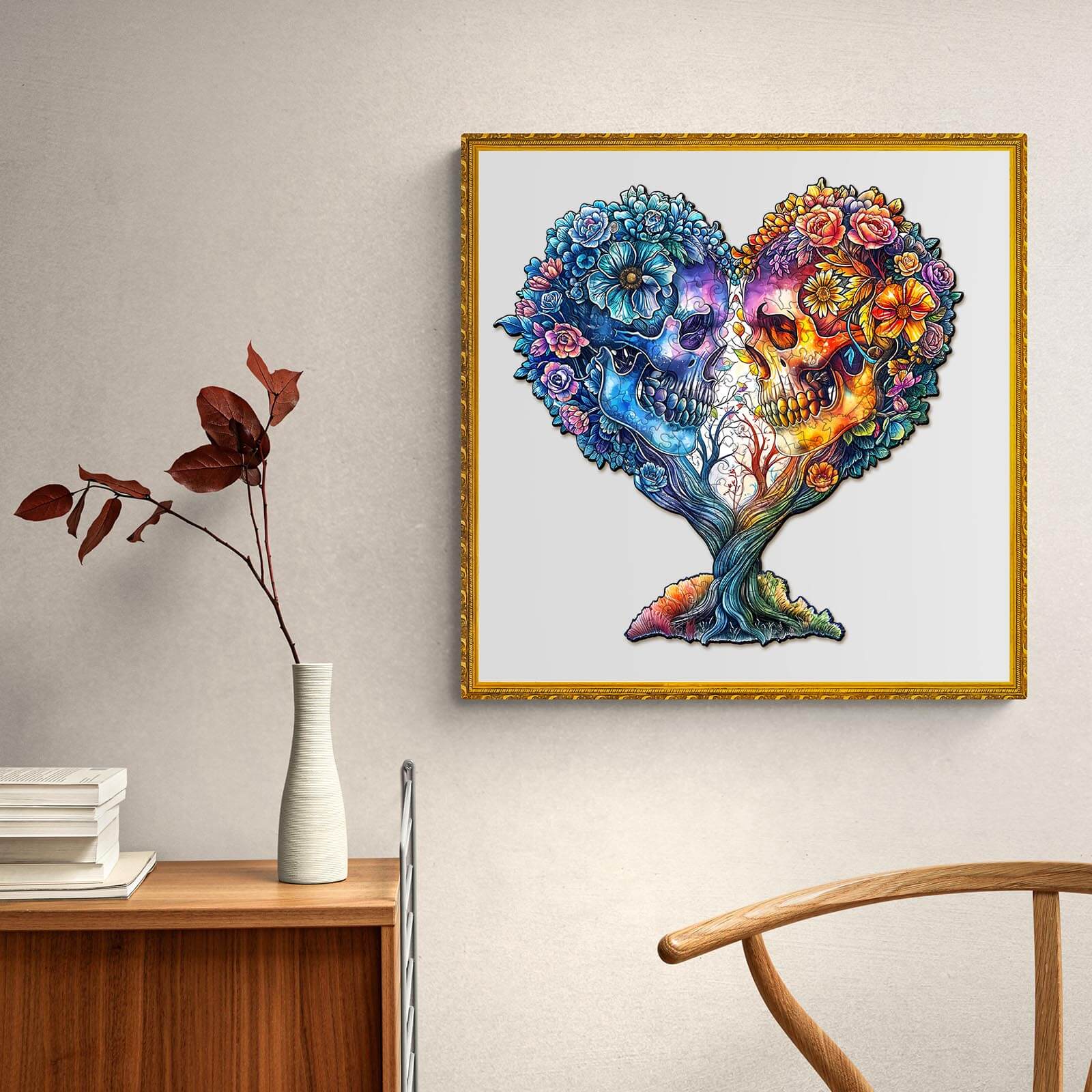 Skull and Love wooden jigsaw puzzle artwork featuring colorful skulls and flowers in a heart shape.