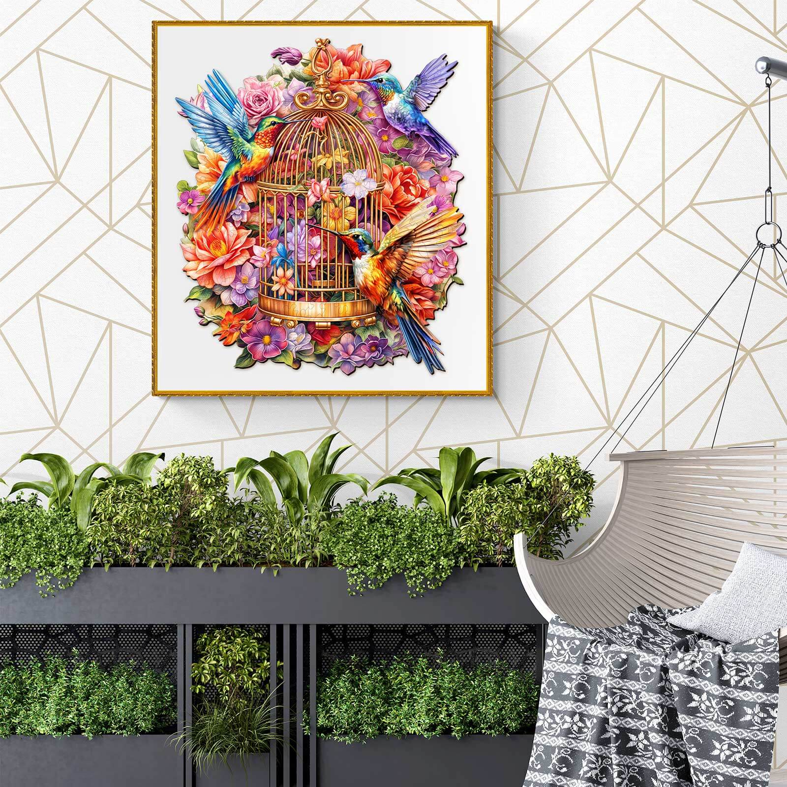 Colorful birdcage artwork surrounded by vibrant flowers, enhancing home decor with a touch of nature.