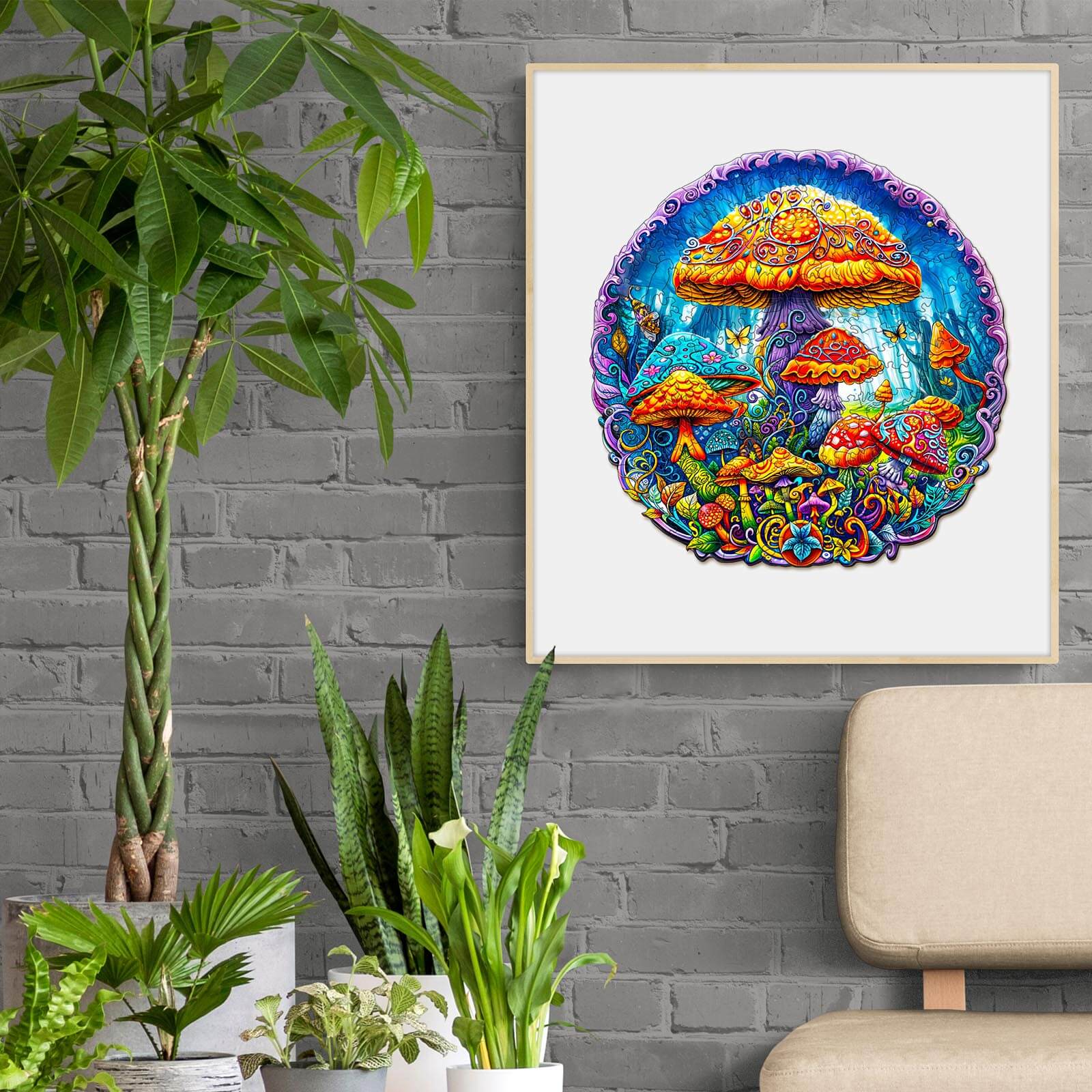 Colorful magical mushrooms artwork in a cozy plant-filled living space, perfect for puzzle enthusiasts and nature lovers.