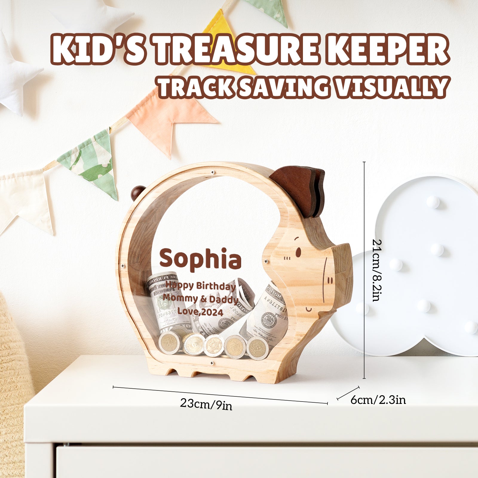 Custom piggy bank for kids featuring a cute design, clear acrylic, and wooden structure for visual savings tracking.