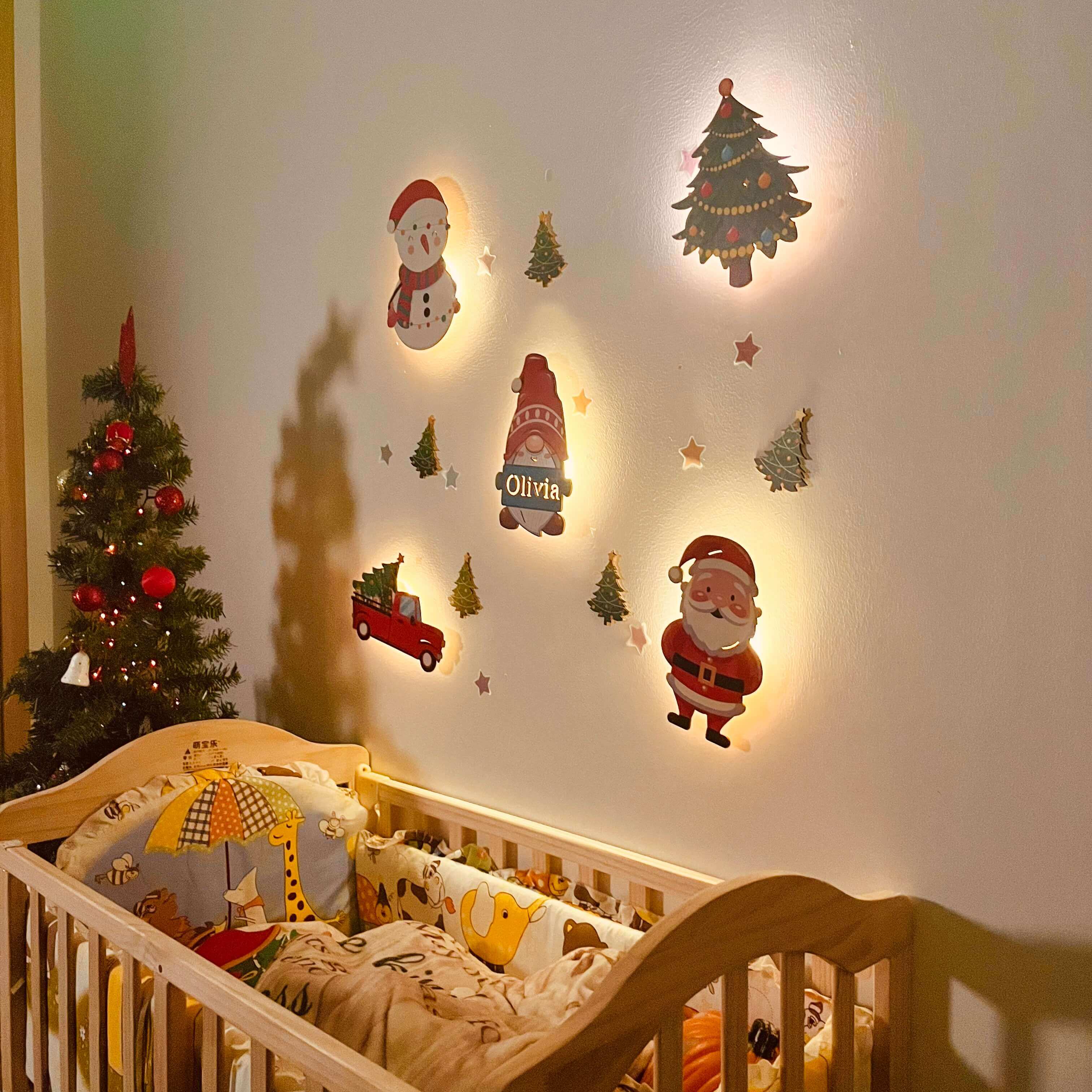 Ensemble de lampe murale en bois personnalisée pour chambre de bébé - Thème Noël