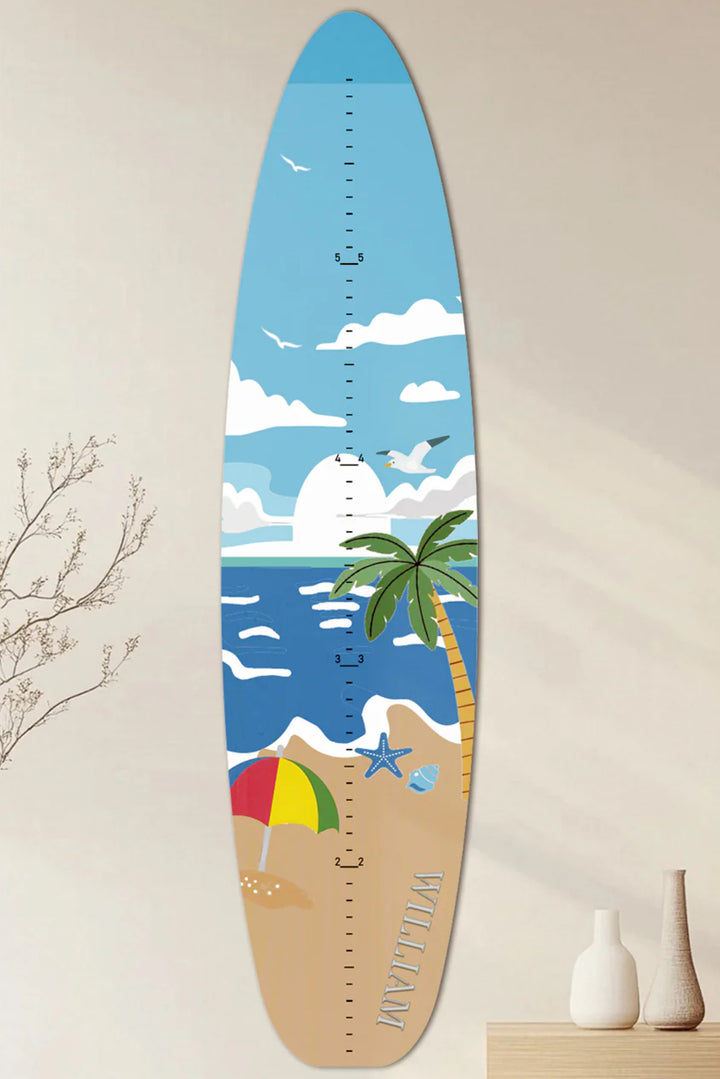 Règle de croissance personnalisée en bois en forme de planche de surf