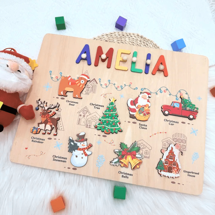 Personalized Wooden Name Puzzle -Merry Christmas for Toddlers