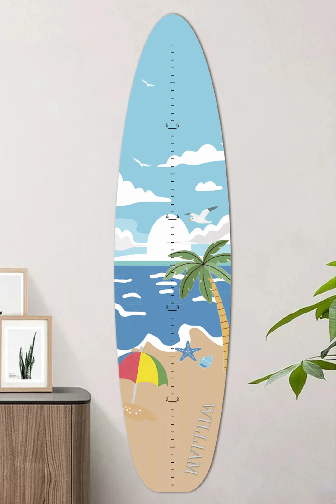 Règle de croissance personnalisée en bois en forme de planche de surf