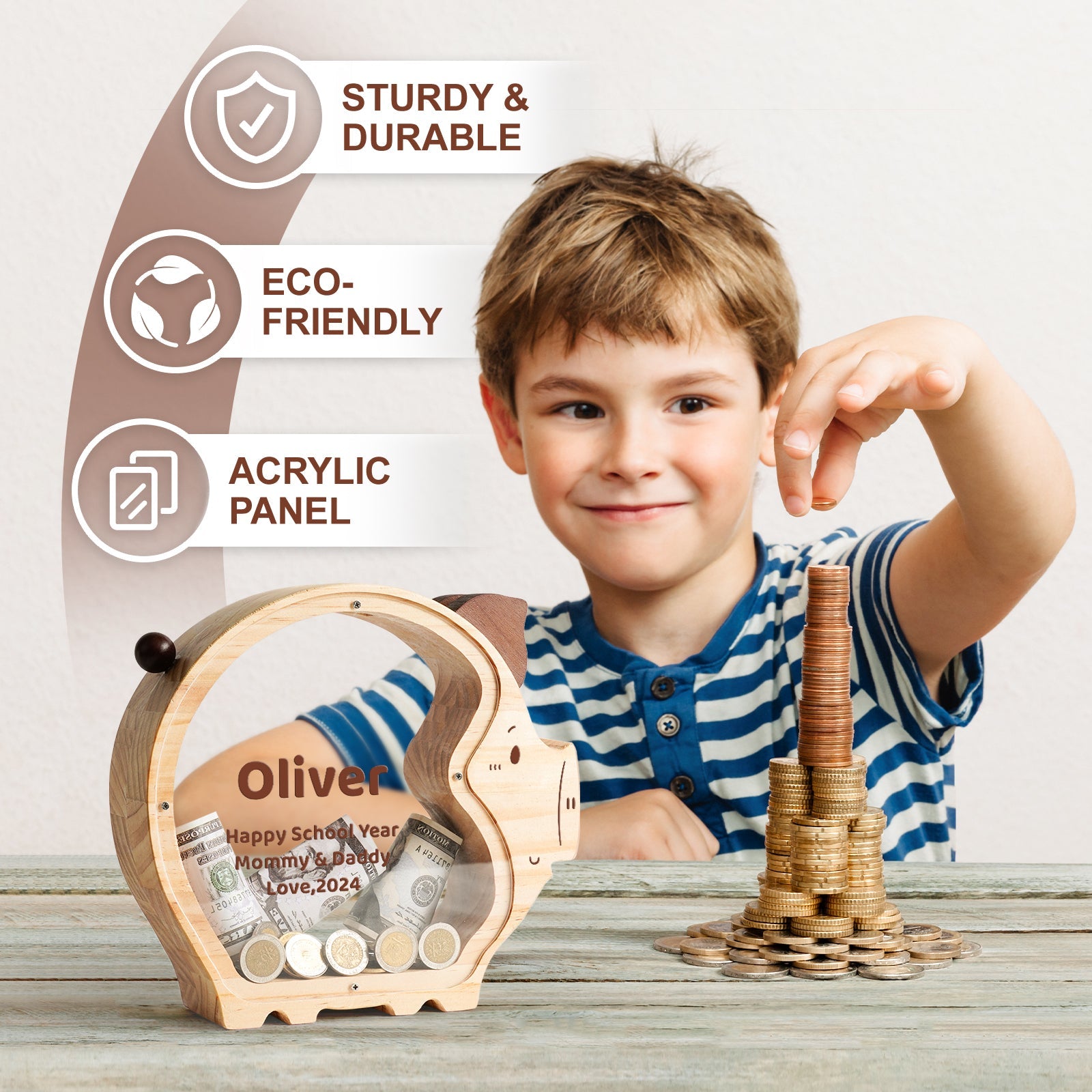 Child using eco-friendly custom piggy bank made from wood and acrylic, stacking coins for money-saving fun.