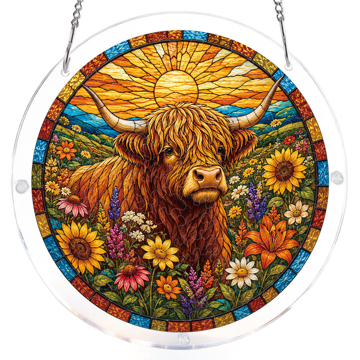 Acrylic Jigsaw Puzzle Suncatcher - Blooming Highland Cow