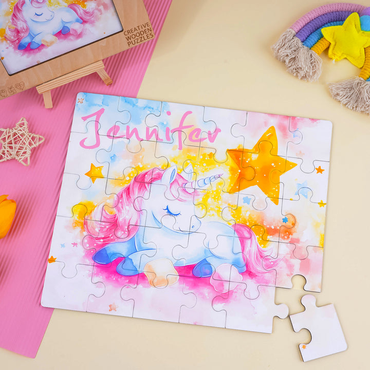 Sleeping Unicorn - Children's Name Custom Wooden Jigsaw Puzzle