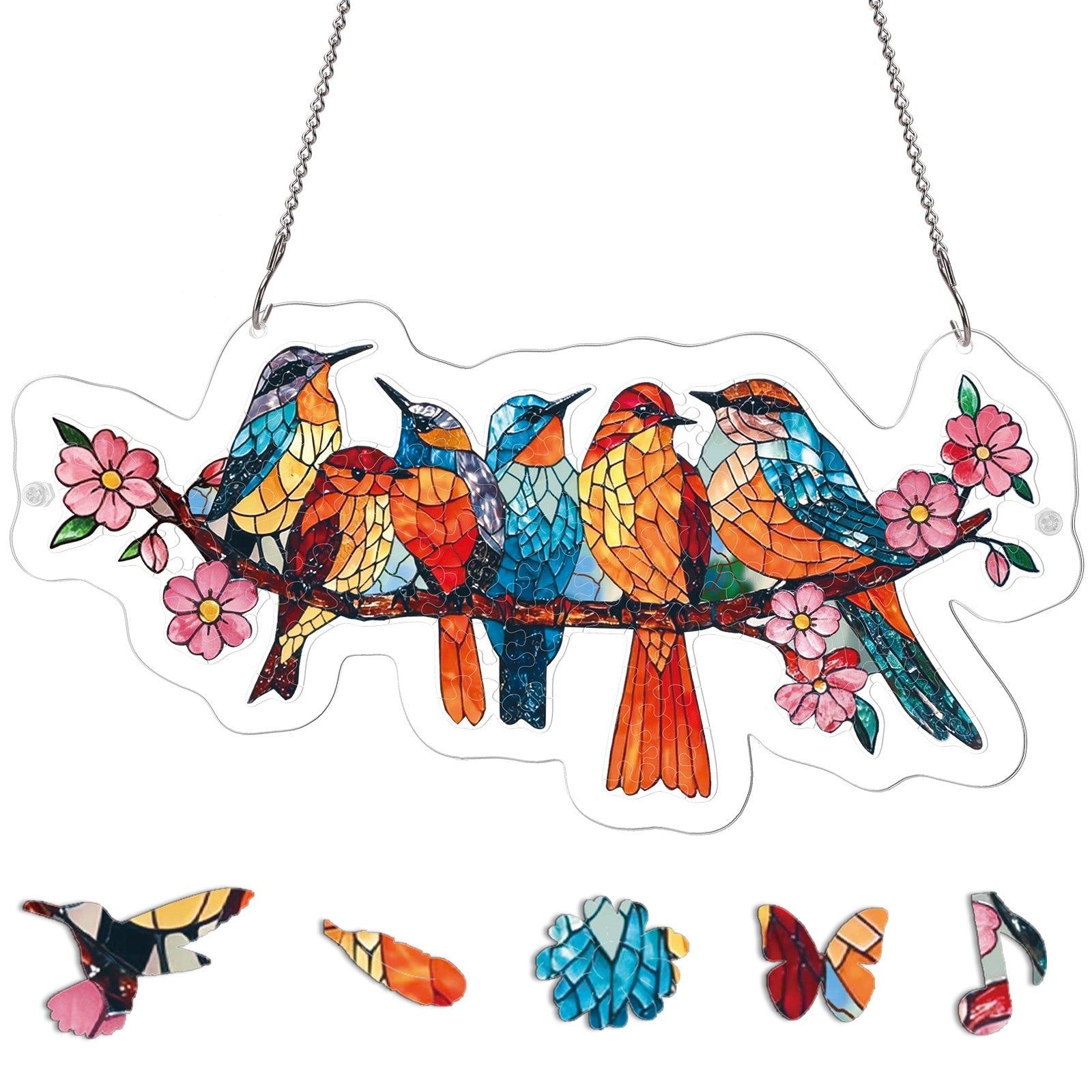 Attrape-soleil puzzle en acrylique - Oiseaux chanteurs en fleurs