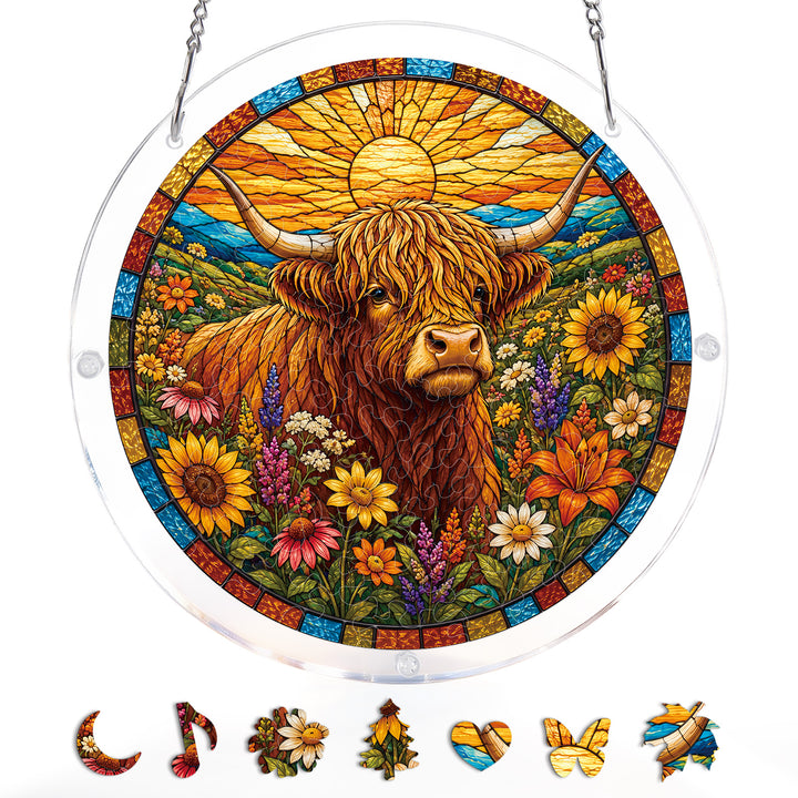 Acrylic Jigsaw Puzzle Suncatcher - Blooming Highland Cow