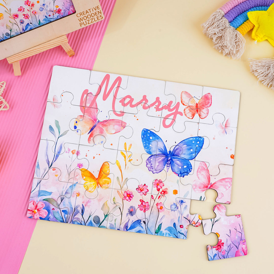 Butterfly in the flowers - Children's Name Custom Wooden Jigsaw Puzzle