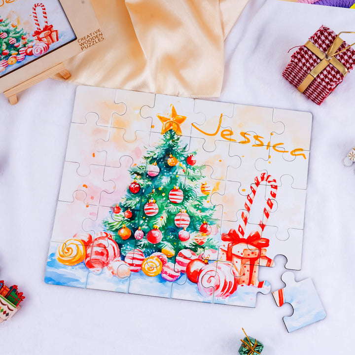 Happy Christmas - Children's Name Custom Wooden Jigsaw Puzzle