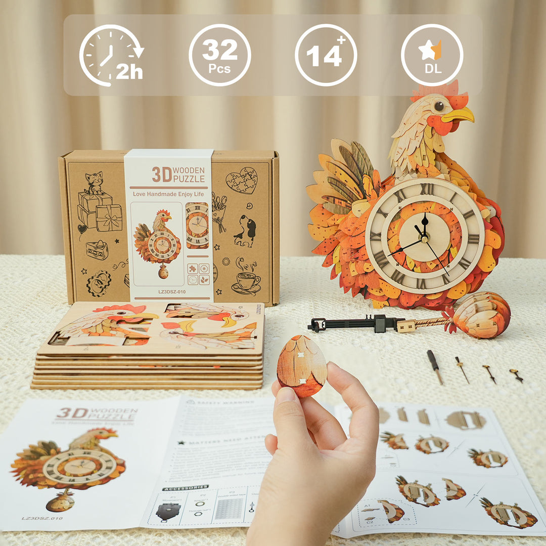 Cluck & Tick Hühnerei – DIY Holz-Uhr, 3D Puzzle Bastelset