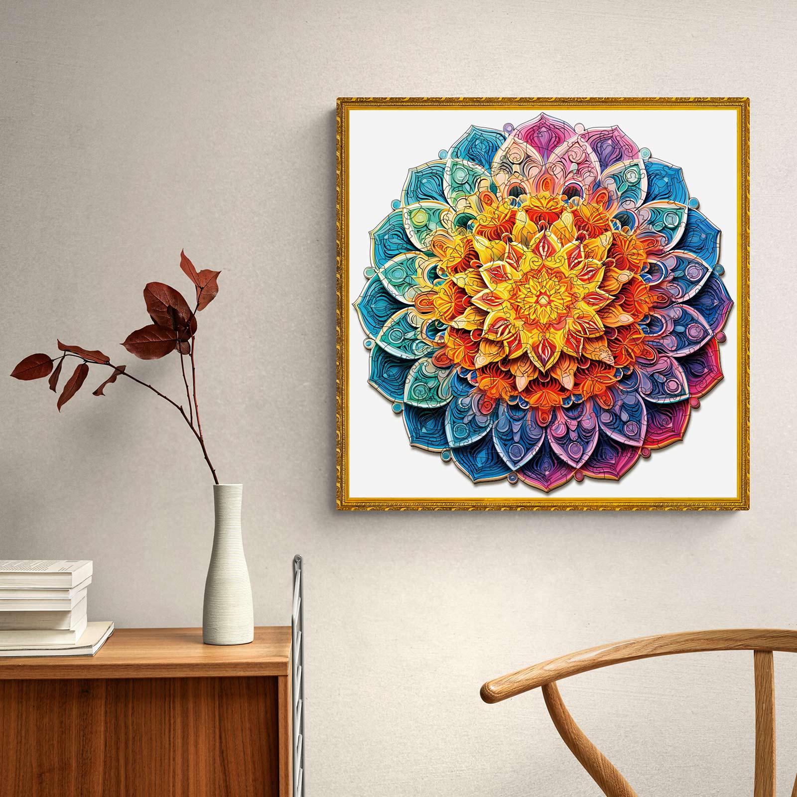 Vibrant mandala mirror artwork featuring colorful floral patterns, displayed on a modern home decor setting.