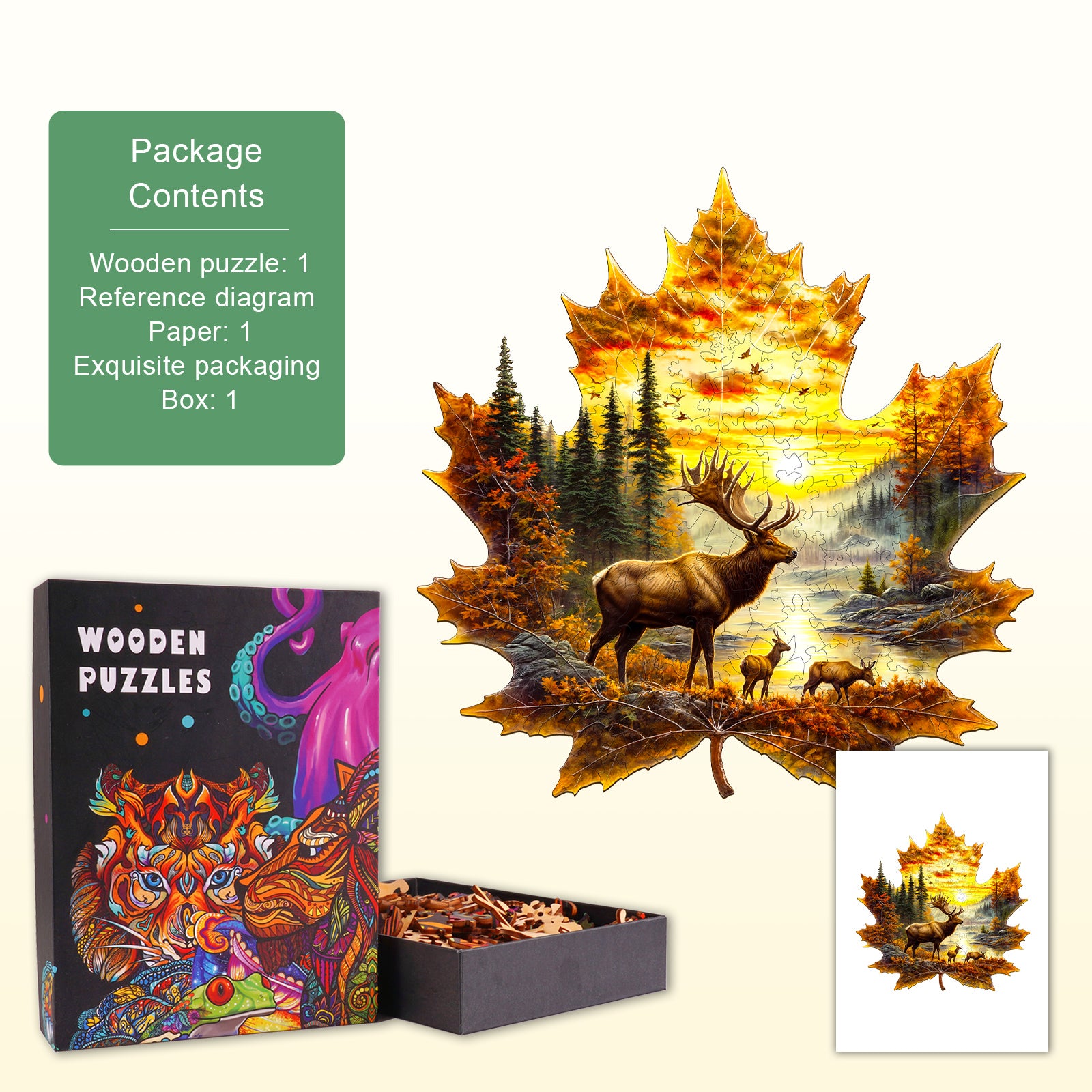 Elk and maple leaves Wooden Jigsaw Puzzle