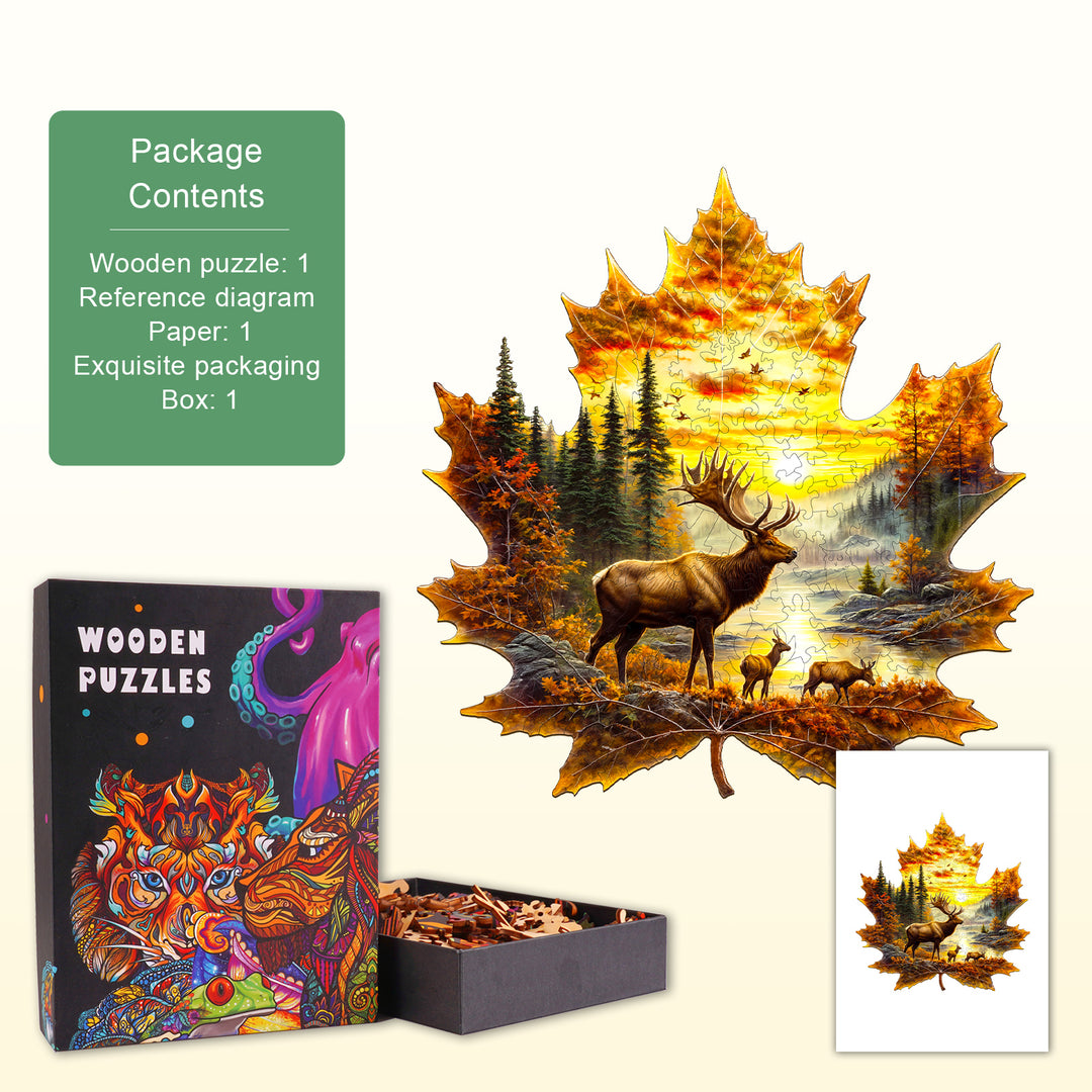 Elk and maple leaves Wooden Jigsaw Puzzle