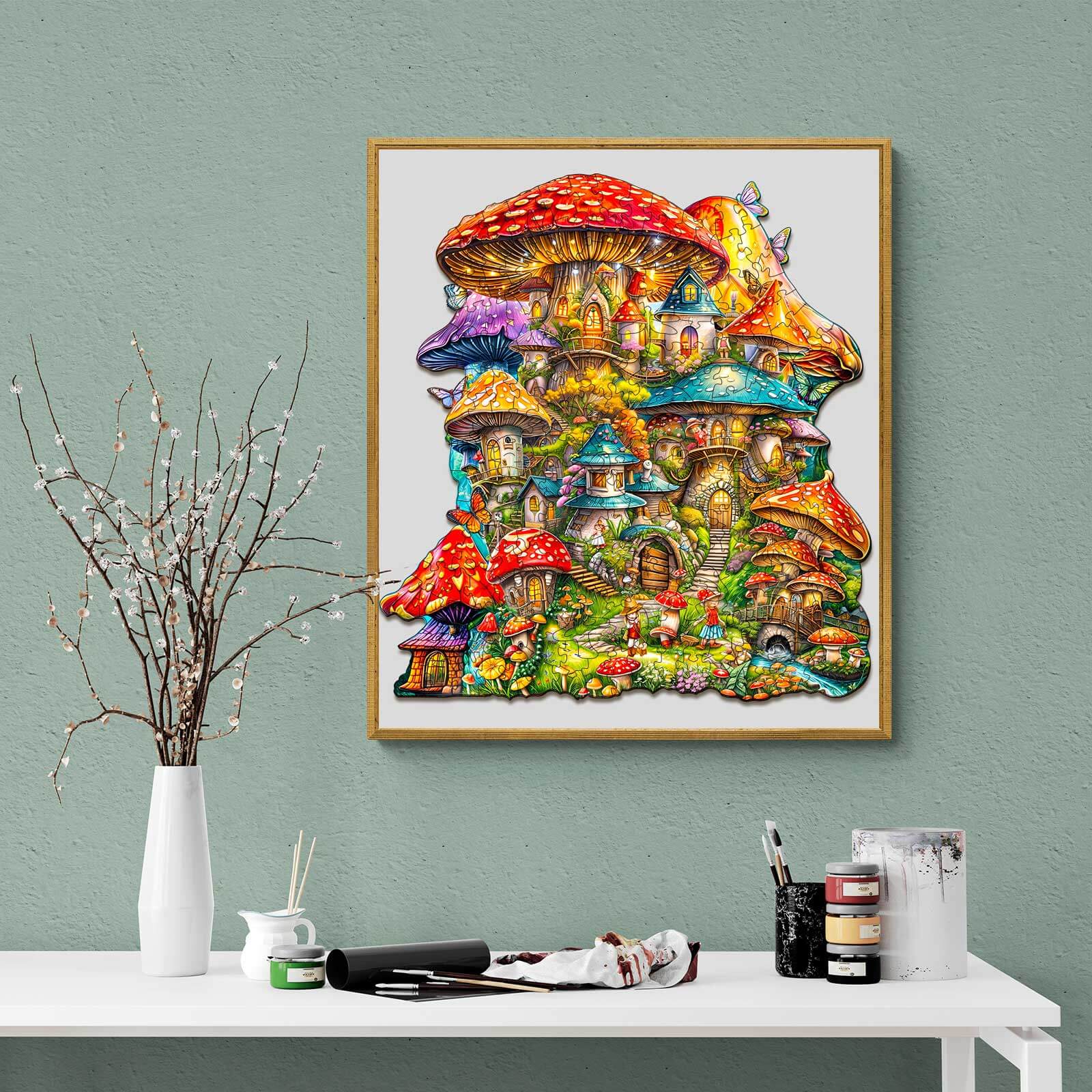 Colorful Mushroom House artwork on a wall, showcasing whimsical design, perfect for jigsaw puzzle lovers and home decor.