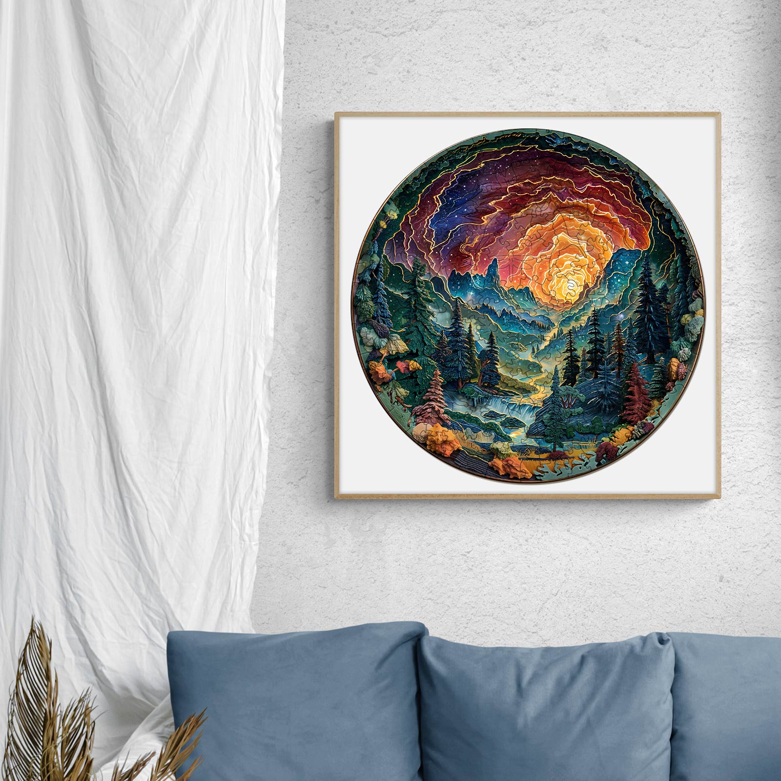 Vibrant 3D cave sky wooden jigsaw puzzle artwork showcased in a cozy living space.