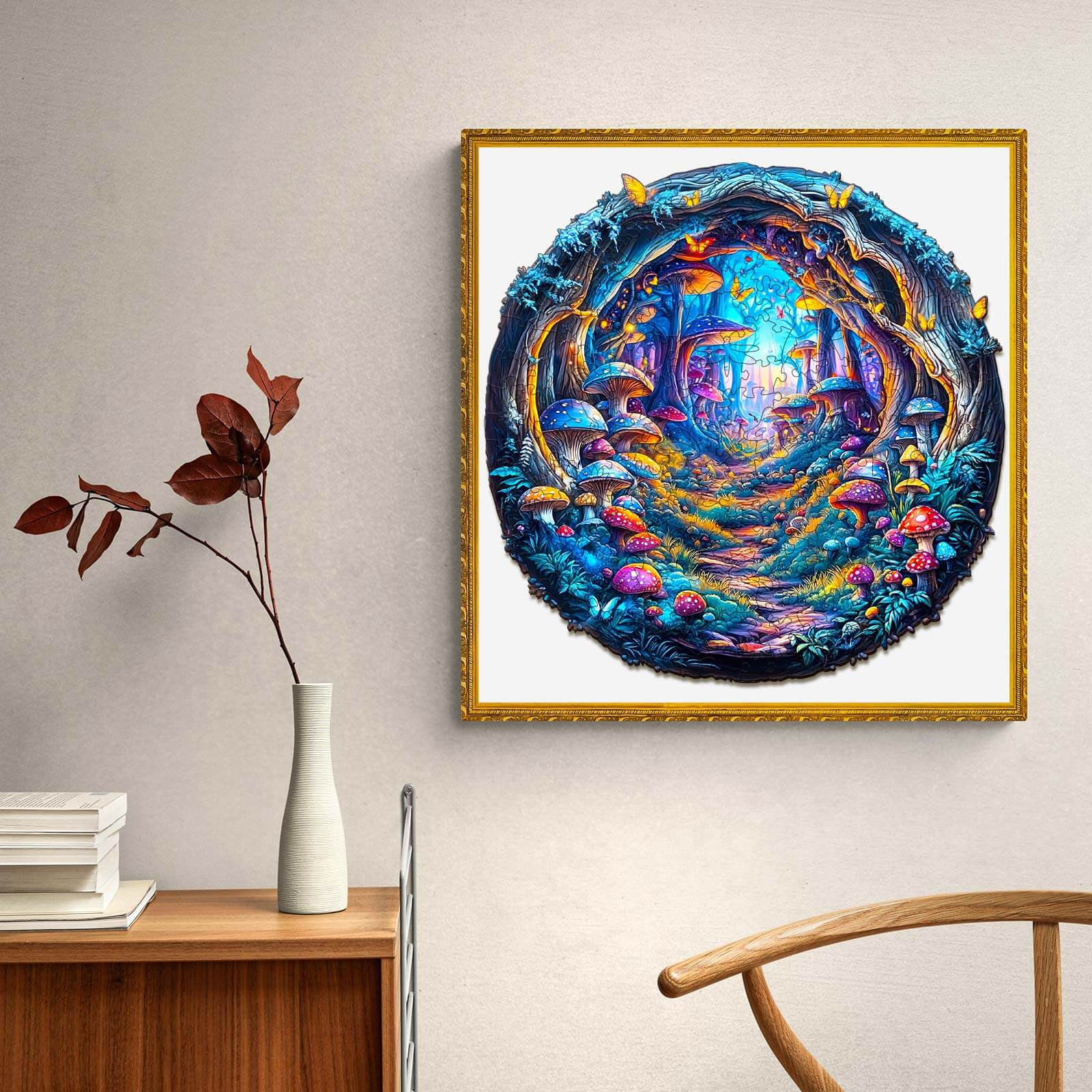 Colorful 3D Magic Mushroom artwork in a cozy room, enhancing decor with whimsical forest theme.