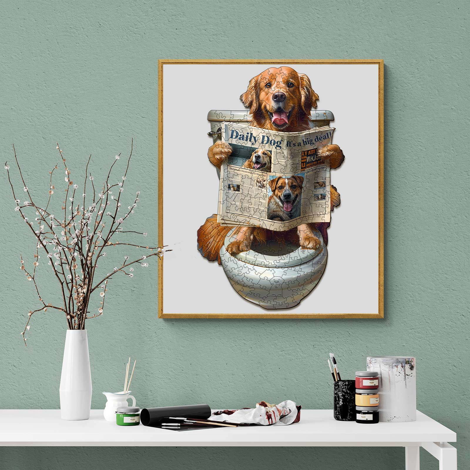 Golden retriever reading the Daily Dog newspaper, framed artwork on a stylish wall with a modern decor.
