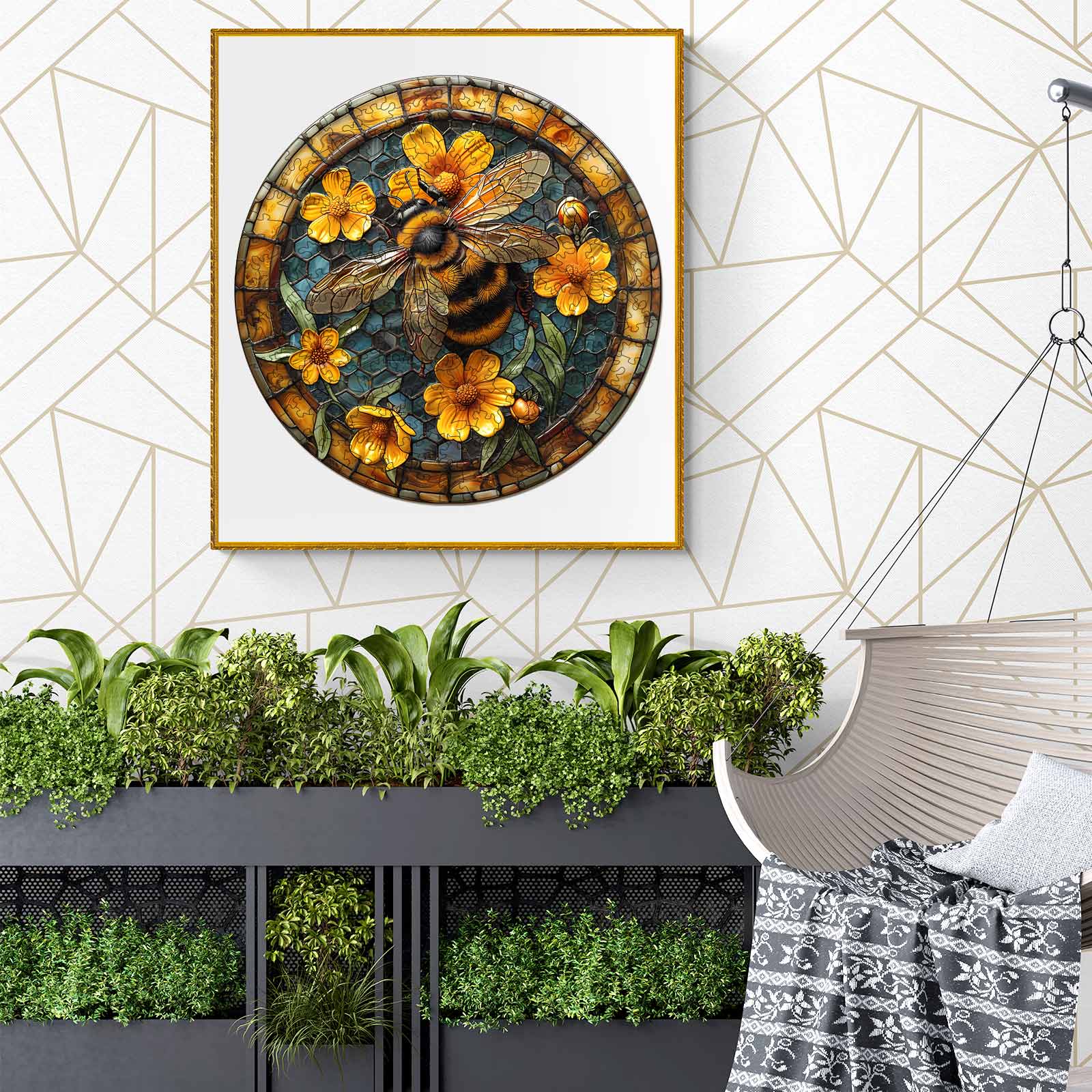 Leisurely Bee wooden jigsaw puzzle featuring a detailed bee and floral design, ideal for mindful gaming and focus.