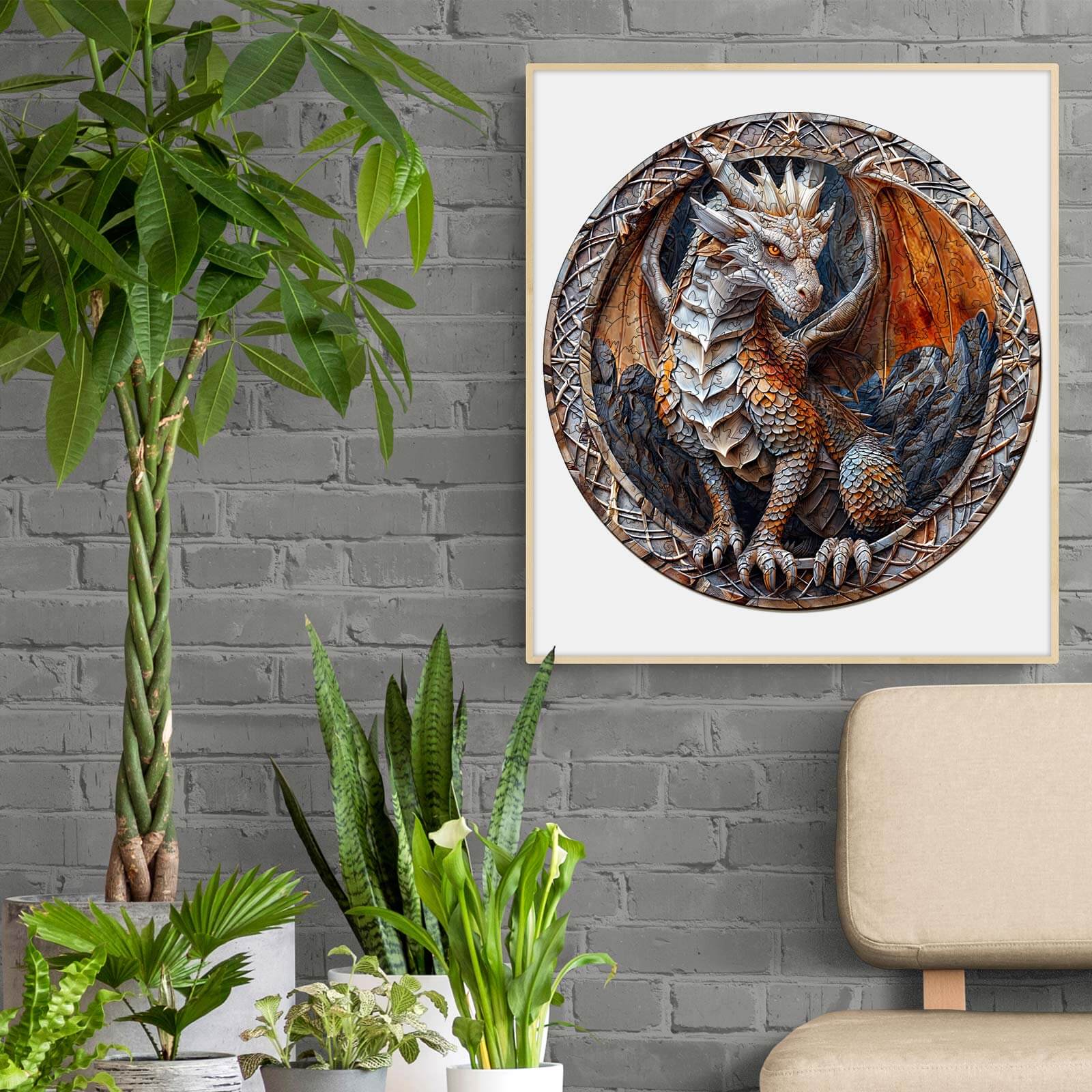 3D Cave Dragon wooden jigsaw puzzle art displayed against a brick wall with plants and a cozy chair.