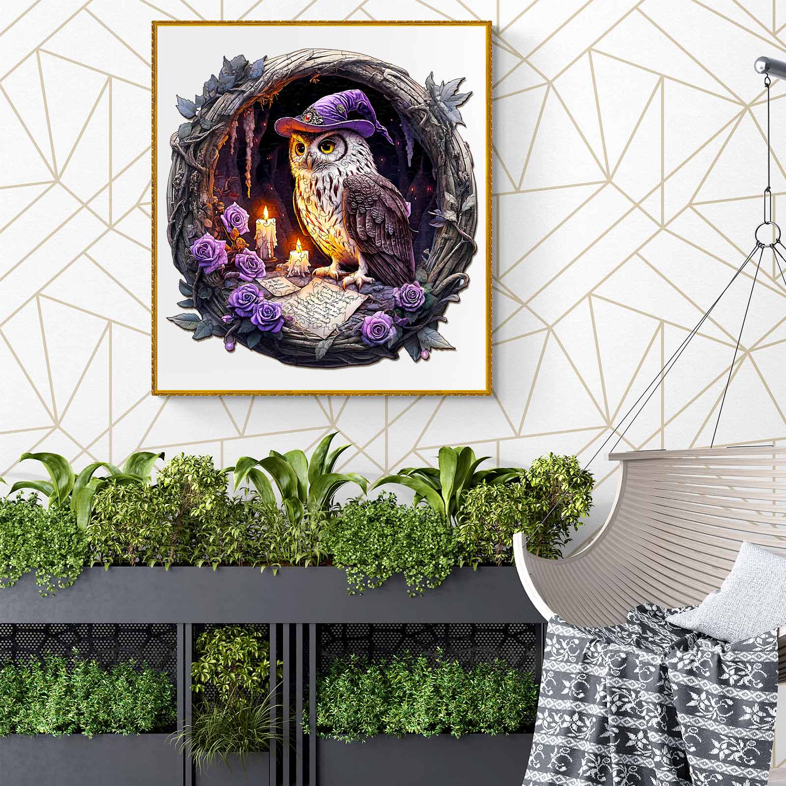 3D Witch Owl jigsaw puzzle artwork featuring an owl in a witch hat, surrounded by candles and roses in a modern home setting.